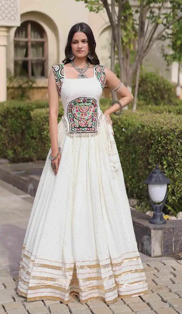 White Mukesh Gamthi Mirror Work Rayon Chaniya Choli - 174491260