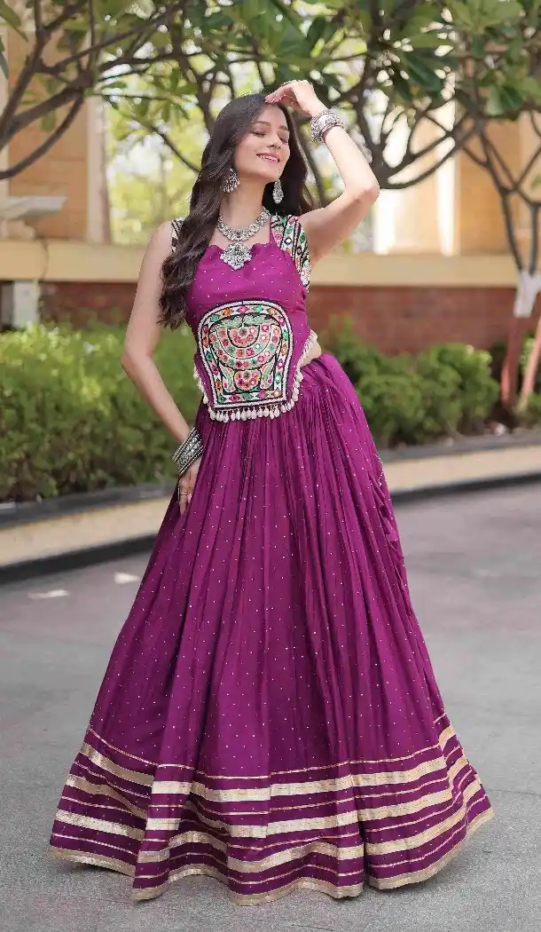 Gamthi Mirror Work Mukesh Rayon Navratri Chaniya Choli - 174491261