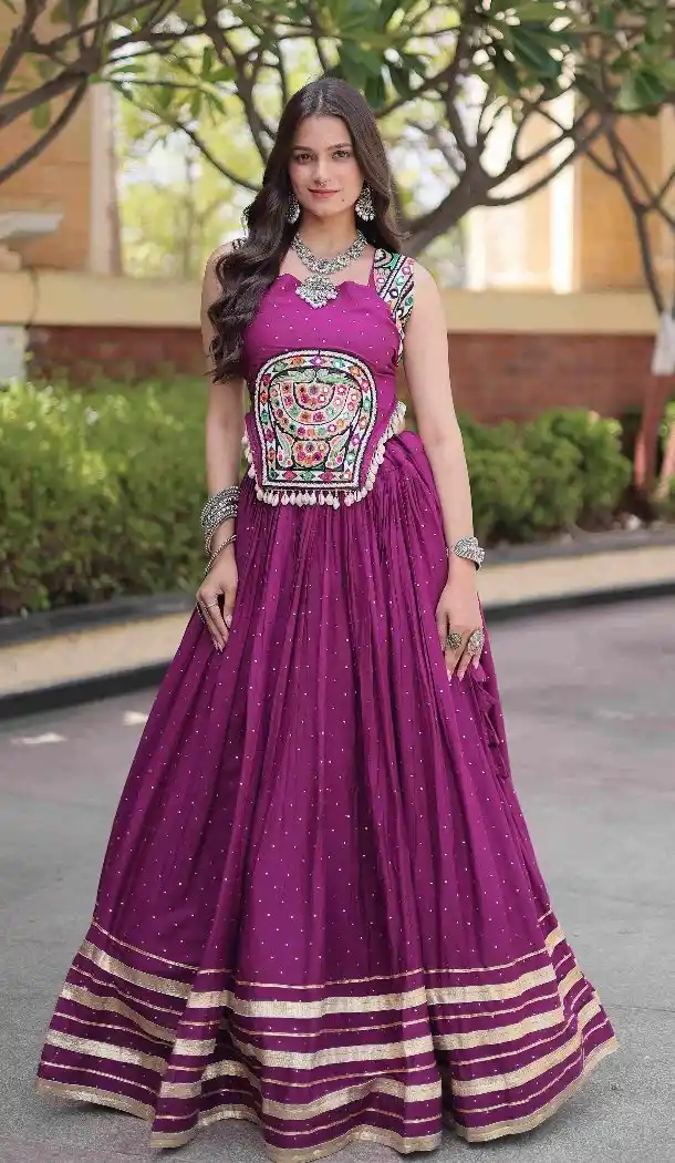 Gamthi Mirror Work Mukesh Rayon Navratri Chaniya Choli - 174491261