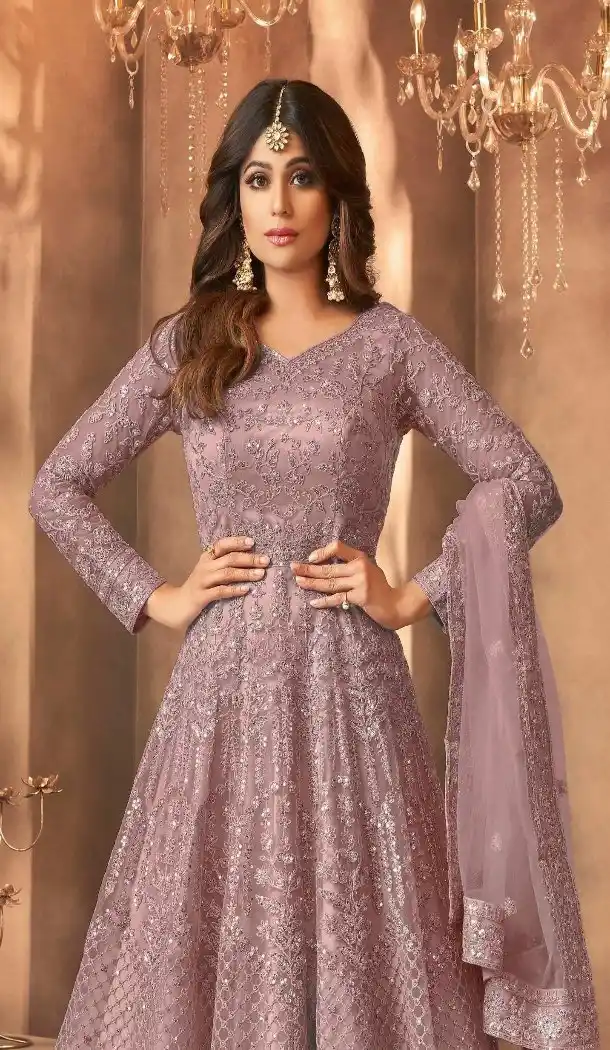 Mauve Net Anarkali Suit with Embroidery Work - 15042220624