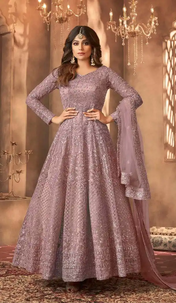 Mauve Net Anarkali Suit with Embroidery Work - 15042220624