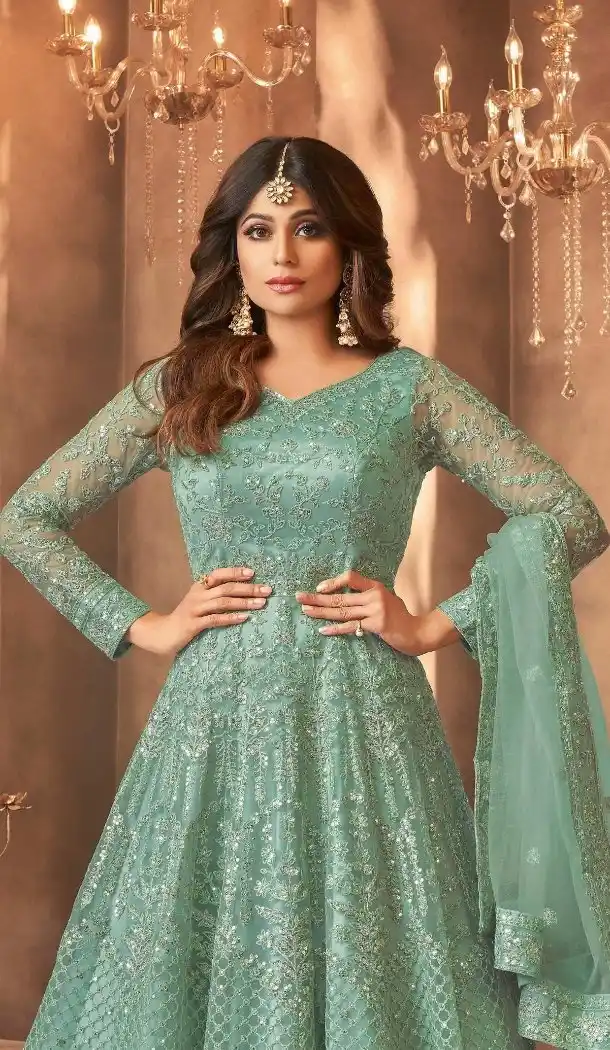 Elegant Green Embroidered Net Anarkali Suit - 15042220625