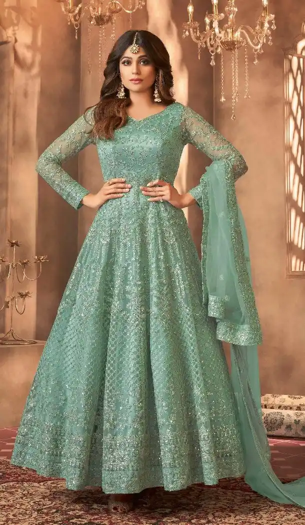 Elegant Green Embroidered Net Anarkali Suit - 15042220625