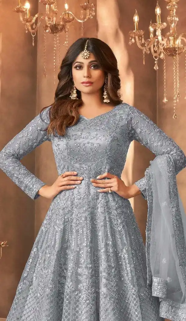 Gray Embroidered Net Anarkali Suit for Women - 15042220627