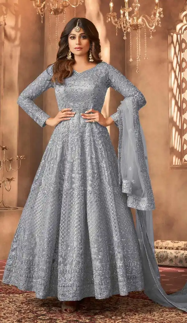 Gray Embroidered Net Anarkali Suit for Women - 15042220627