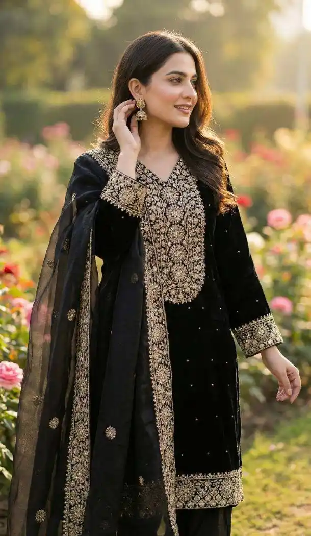 Black Fendy Silk Salwar Suit with Sequence Work - 15049220653