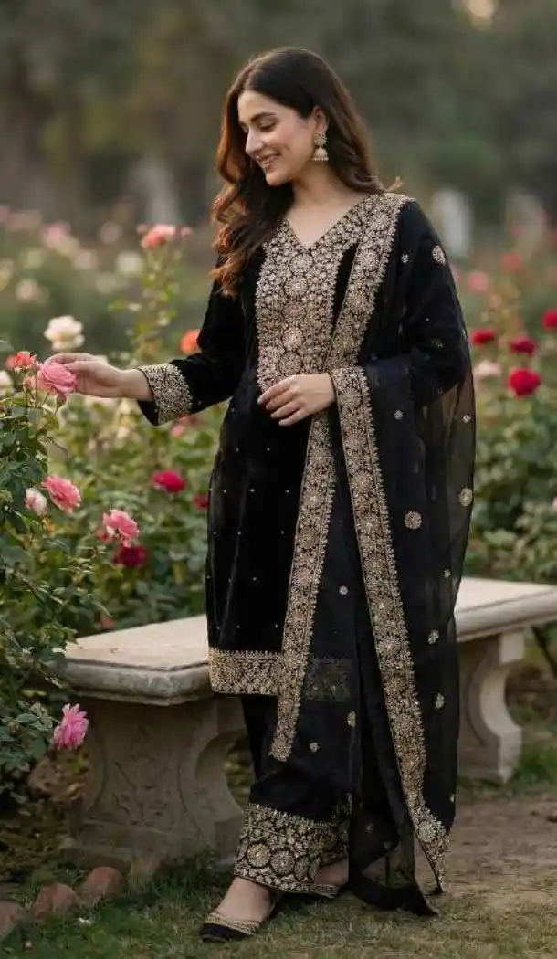 Black Fendy Silk Salwar Suit with Sequence Work - 15049220653
