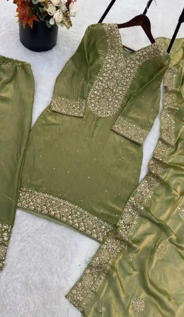 Mehendi Green Pure Fendy Silk Diamond Work Plus Size Salwar Suit - 15049220654