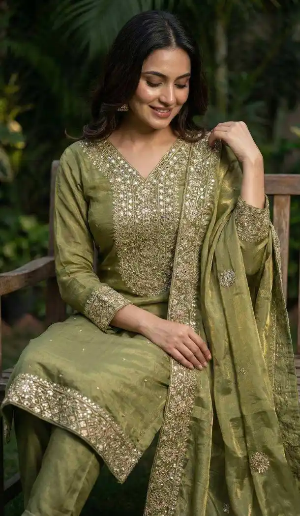 Mehendi Green Diamond Work Pure Fendy Silk Salwar Suit - 15049220654