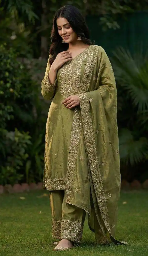 Mehendi Green Diamond Work Pure Fendy Silk Salwar Suit - 15049220654
