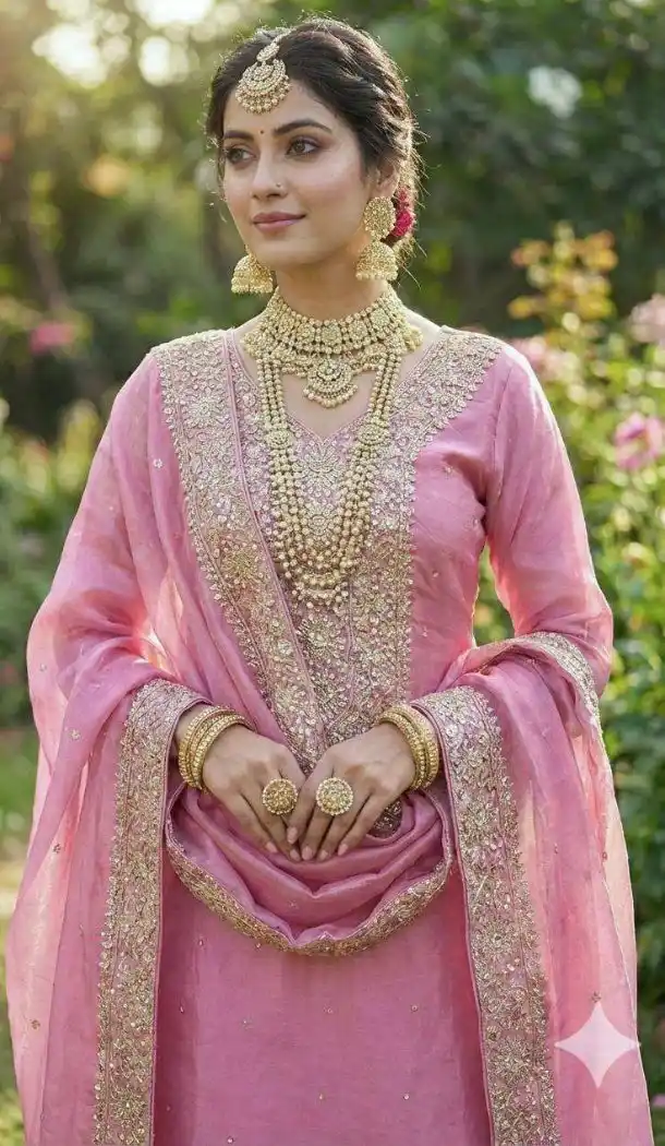 Pink Embroidered Fendy Silk Salwar Suit - 15049220655
