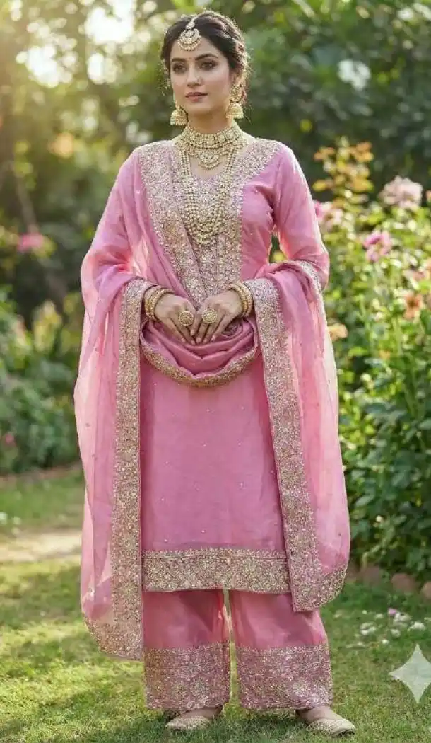Pink Embroidered Fendy Silk Salwar Suit - 15049220655