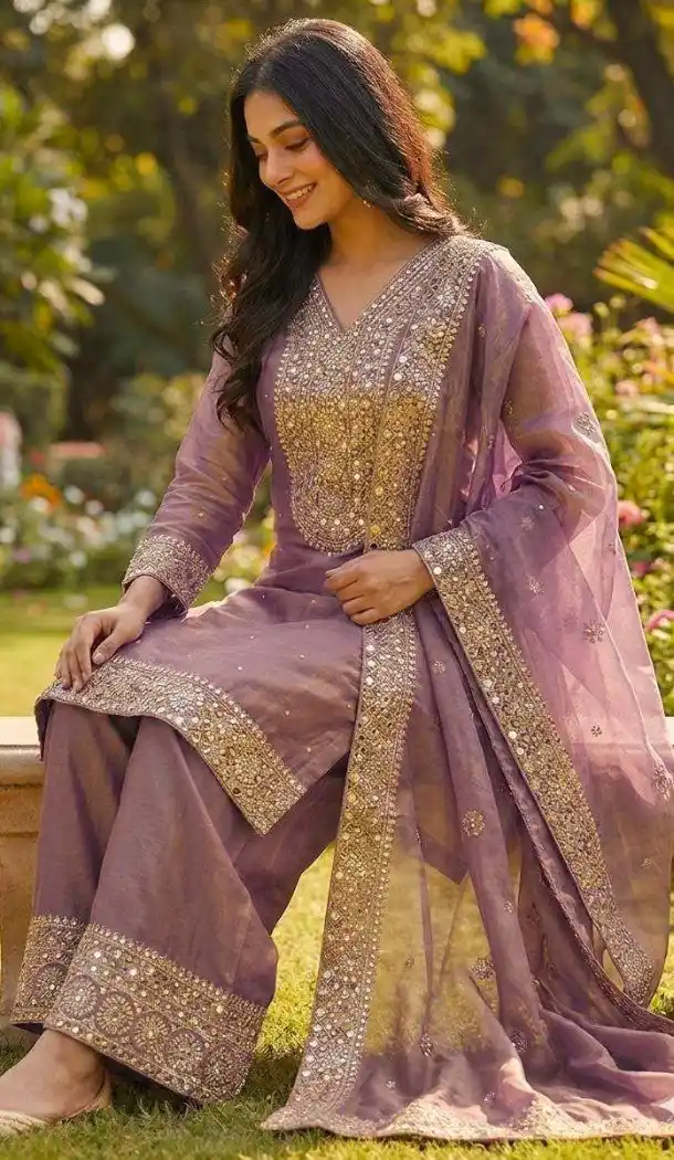 Purple Pure Fendy Silk Salwar Suit with Sequence Work - 15049220656