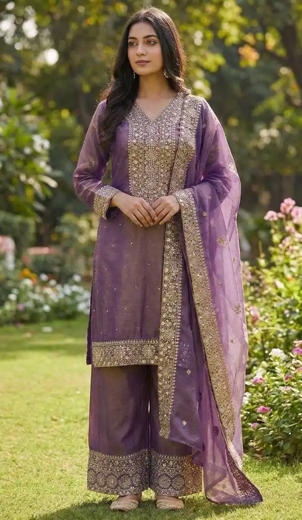 Purple Pure Fendy Silk Salwar Suit with Sequence Work - 15049220656