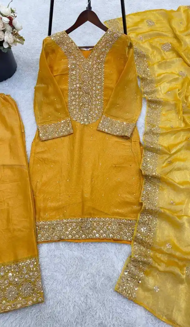 Yellow Fendy Silk Diamond Work Plus Size Salwar Suit - 15049220657
