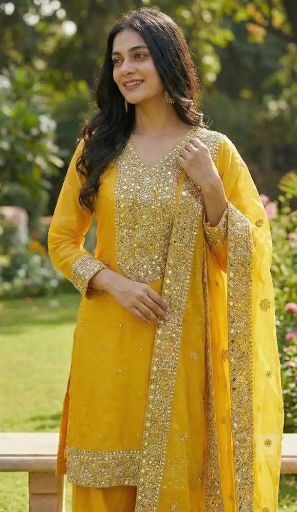 Yellow Diamond Work Fendy Silk Salwar Suit - 15049220657