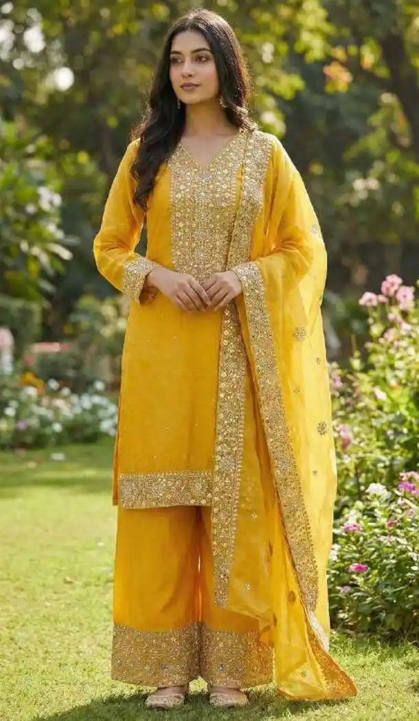 Yellow Diamond Work Fendy Silk Salwar Suit - 15049220657
