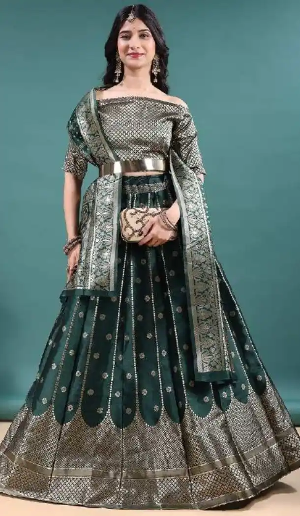 Green Soft Jacquard Lehenga Choli with Jacquard Work - 15052220664