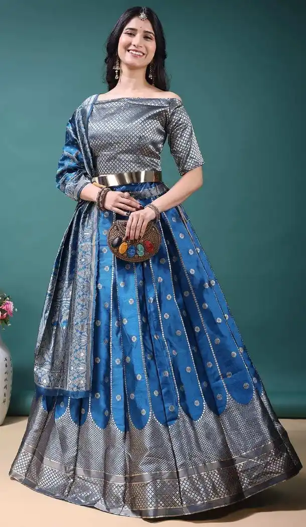 Blue Jacquard Work Party Wear Lehenga Choli - 15052220665