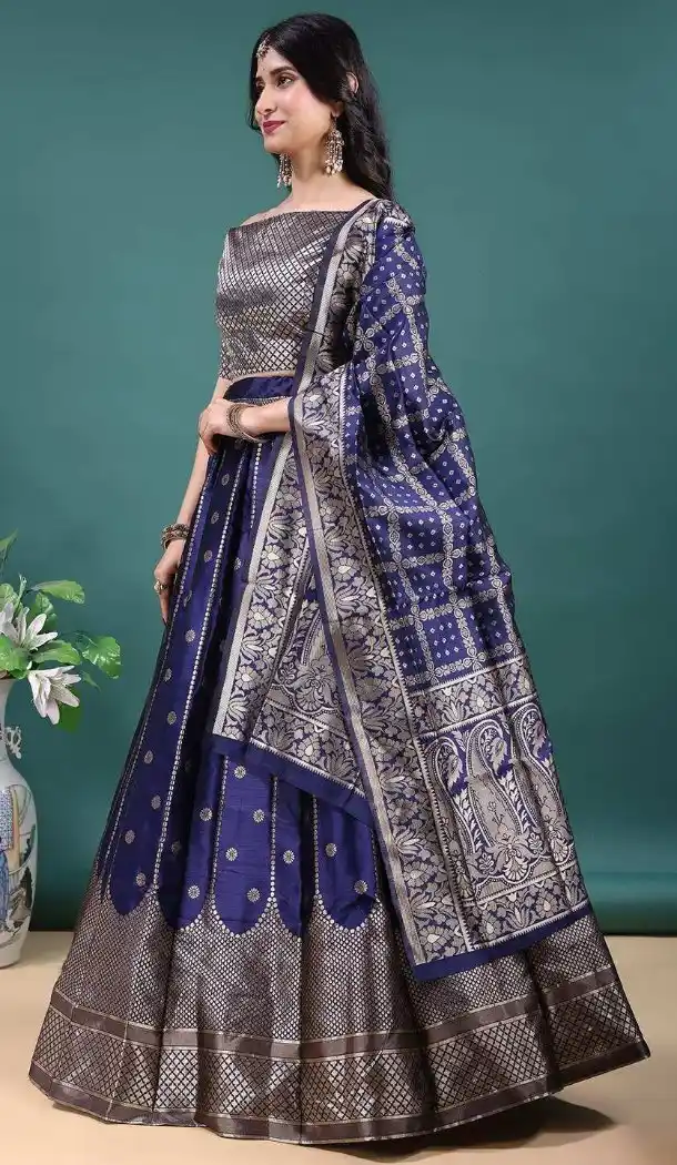 Navy Blue Soft Jacquard Party Wear Lehenga Choli - 15052220666