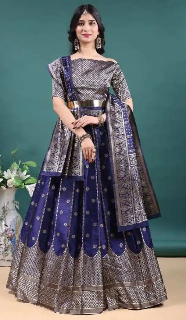 Navy Blue Soft Jacquard Party Wear Lehenga Choli - 15052220666