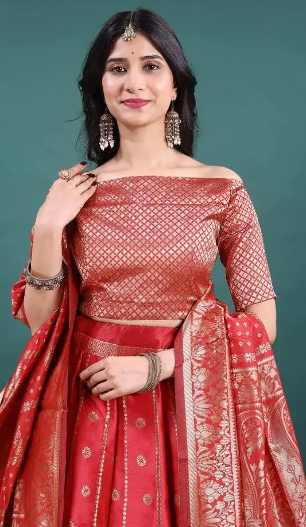 Red Party Wear Jacquard Work Plus Size Lehenga Choli - 15052220668