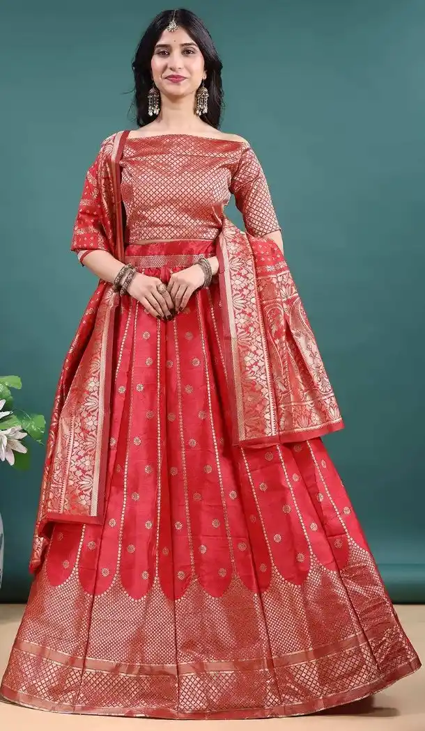 Red Soft Jacquard Party Wear Lehenga Choli - 15052220668
