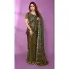 Green Party Wear Satin Silk Plus Size Saree with Beads Work - 15053220671