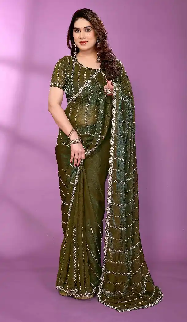 Elegant Green Beads Work Satin Silk Party Wear Saree - 15053220671
