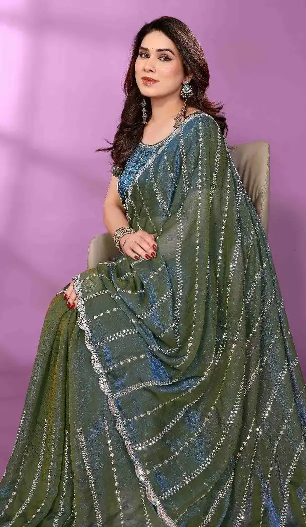 Teal Blue Satin Silk Party Wear Saree with Beads Work - 15053220672