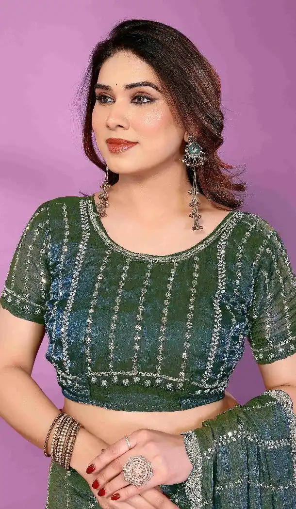 Teal Blue Satin Silk Beads Work Plus Size Party Wear Saree - 15053220672