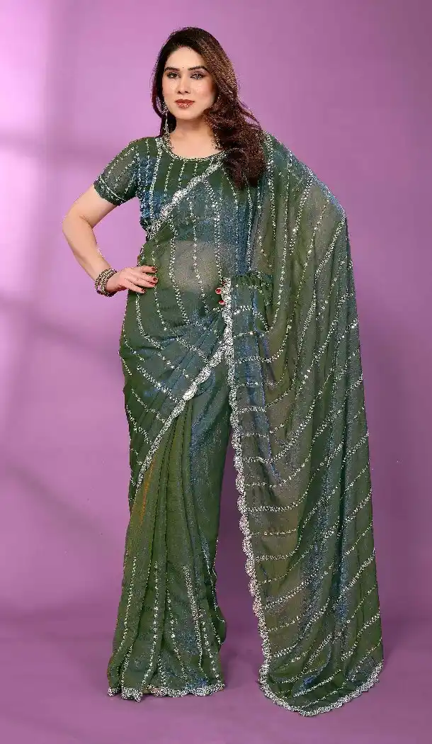 Teal Blue Satin Silk Party Wear Saree with Beads Work - 15053220672