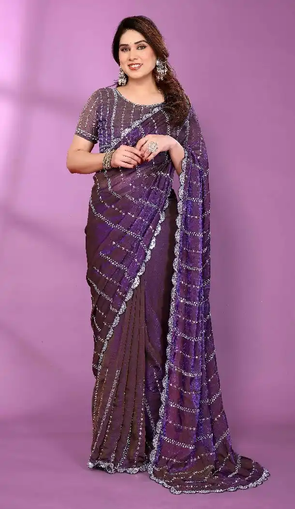 Purple Beads Work Party Wear Satin Silk Saree - 15053220673