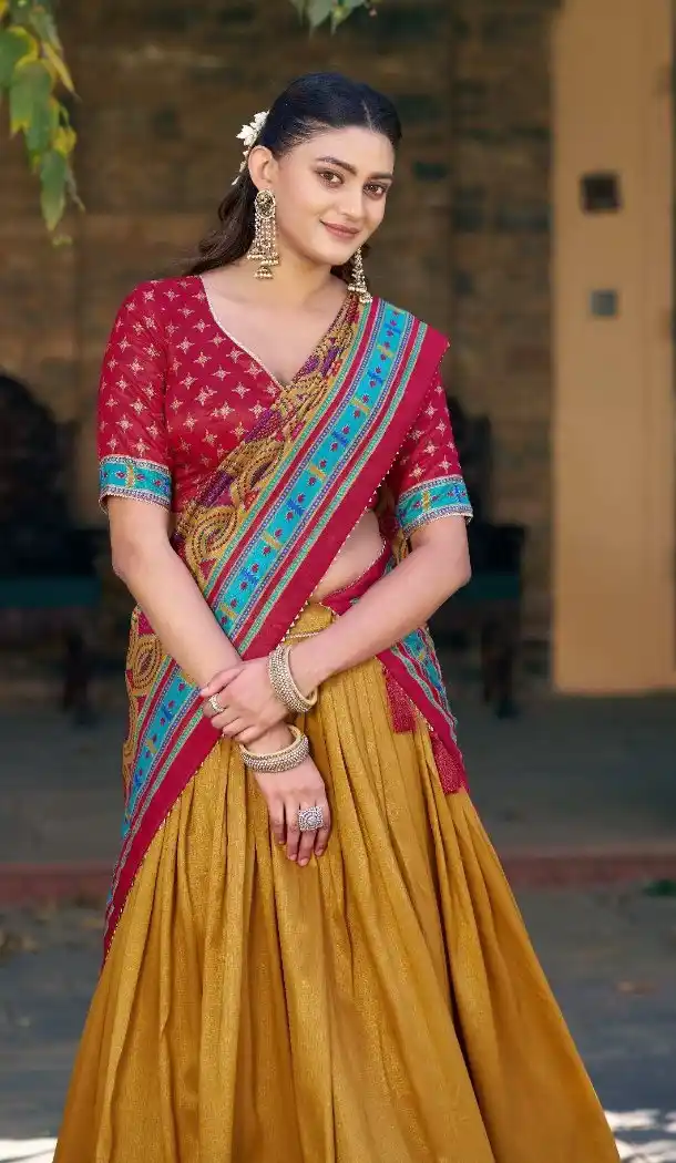 Mustard Tasar Silk Navratri Chaniya Choli with Sparkle Work - 15055220682