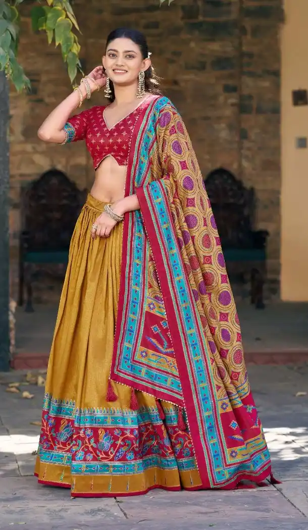 Mustard Tasar Silk Navratri Chaniya Choli with Sparkle Work - 15055220682