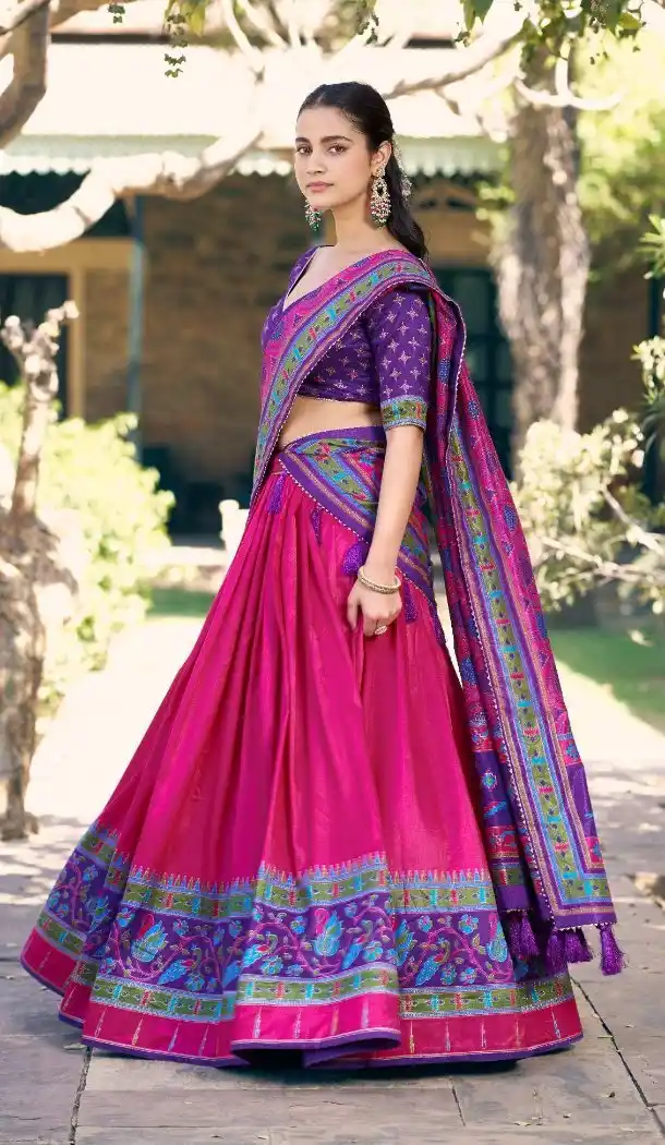 Pink Printed Tasar Silk Sparkle Work Navratri Chaniya Choli - 15055220683