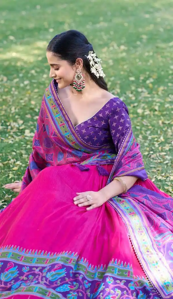 Pink Tasar Silk Printed Sparkle Work Plus Size Chaniya Choli - 15055220683