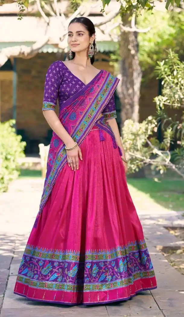Pink Printed Tasar Silk Sparkle Work Navratri Chaniya Choli - 15055220683