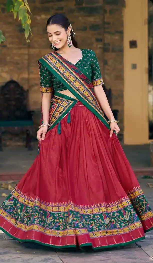 Red Sparkle Work Tasar Silk Navratri Chaniya Choli - 15055220684