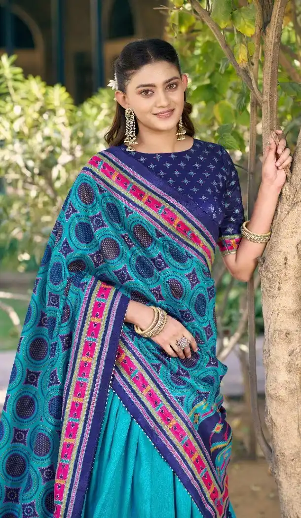 Blue Tasar Silk Printed Sparkle Work Plus Size Chaniya Choli - 15055220685