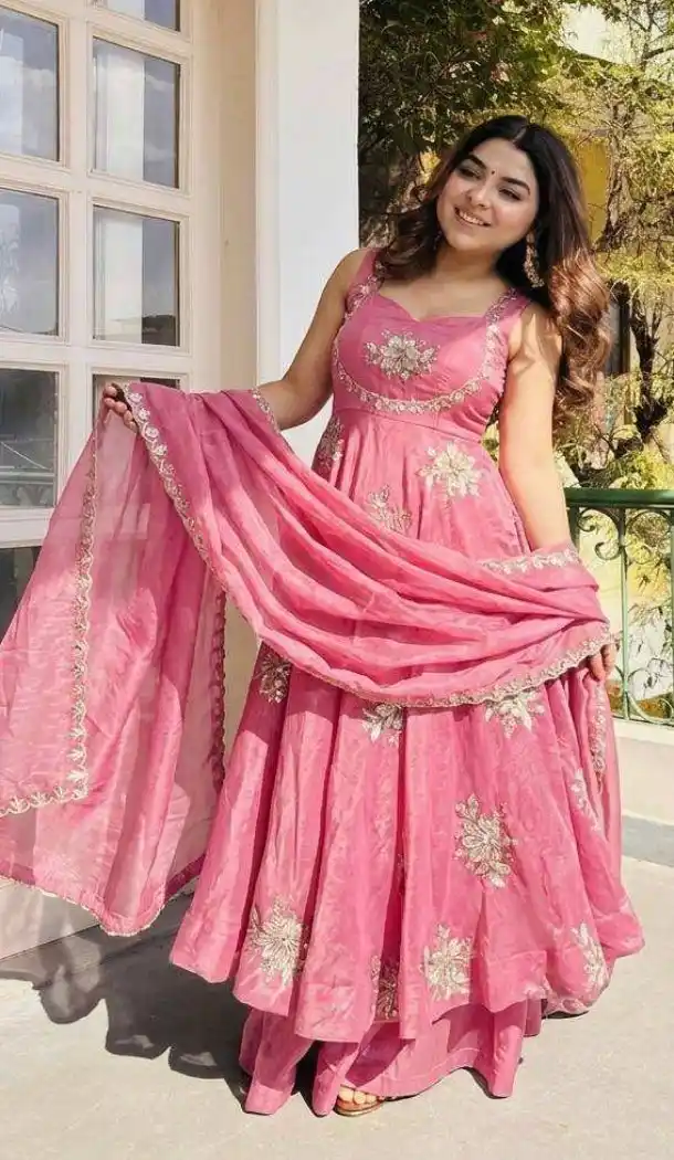 Pink Embroidery Work Pure Fendy Silk Salwar Suit - 15063220720