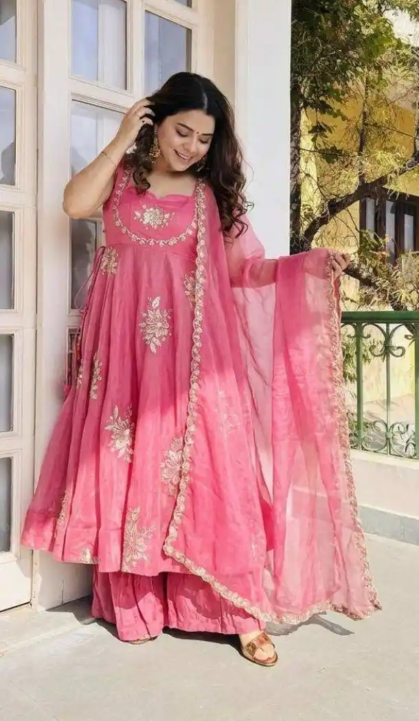 Pink Embroidery Work Pure Fendy Silk Salwar Suit - 15063220720