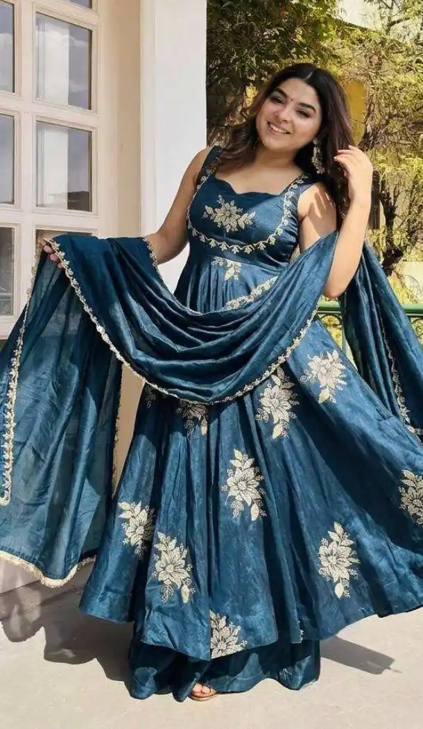 Teal Blue Sequence Work Pure Fendy Silk Salwar Suit - 15063220723