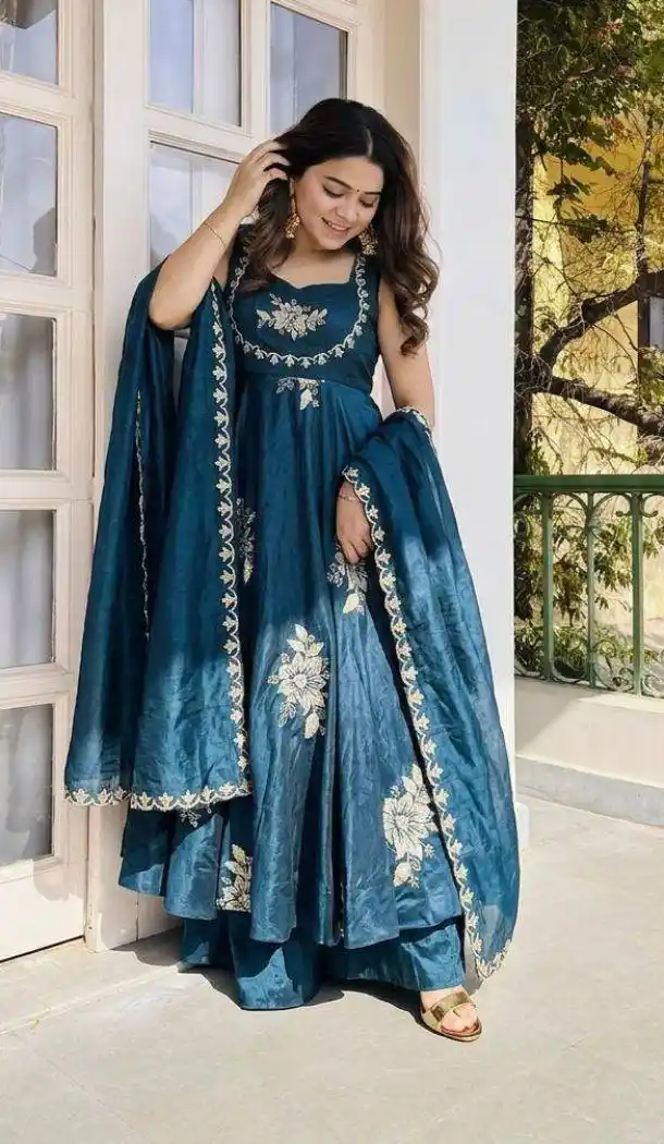 Teal Blue Sequence Work Pure Fendy Silk Salwar Suit - 15063220723