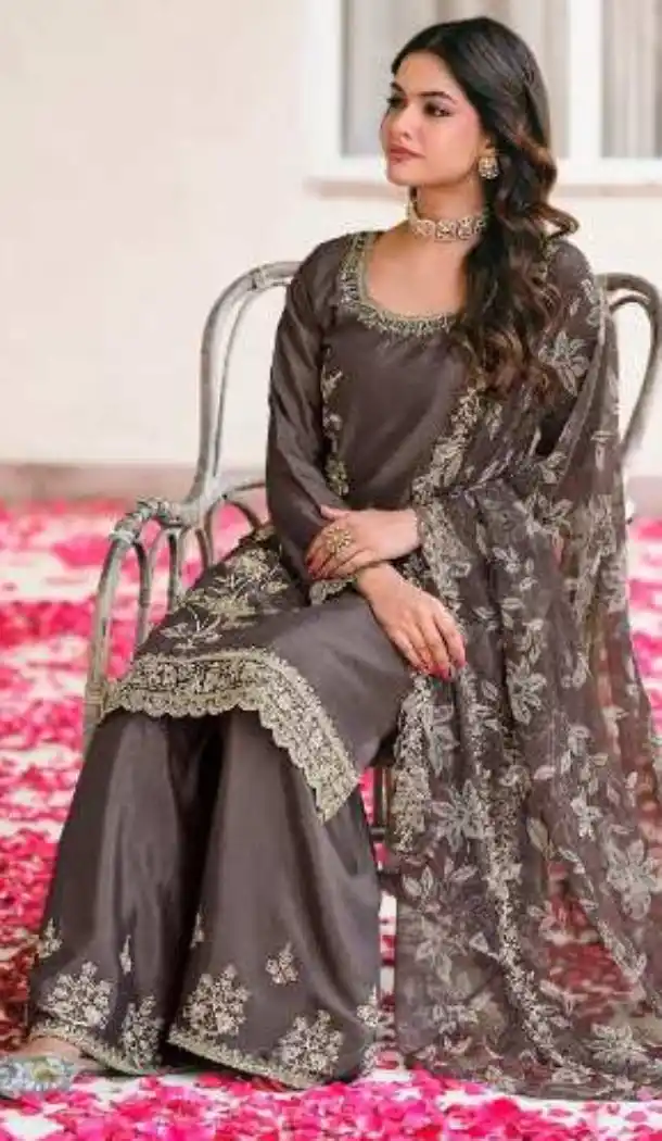 Black Premium Chinon Palazzo Suit with Embroidery Work - 15067220741