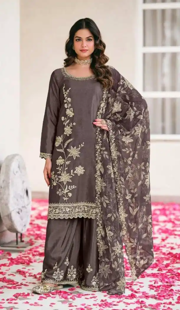 Black Premium Chinon Palazzo Suit with Embroidery Work - 15067220741
