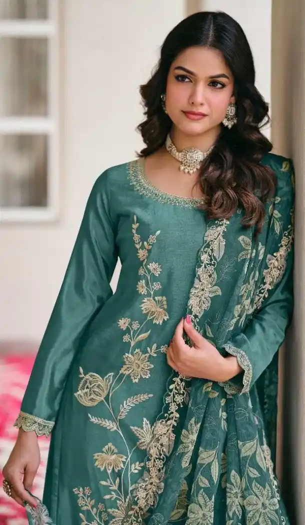Teal Blue Embroidered Heavy Chinon Palazzo Suit - 15067220742