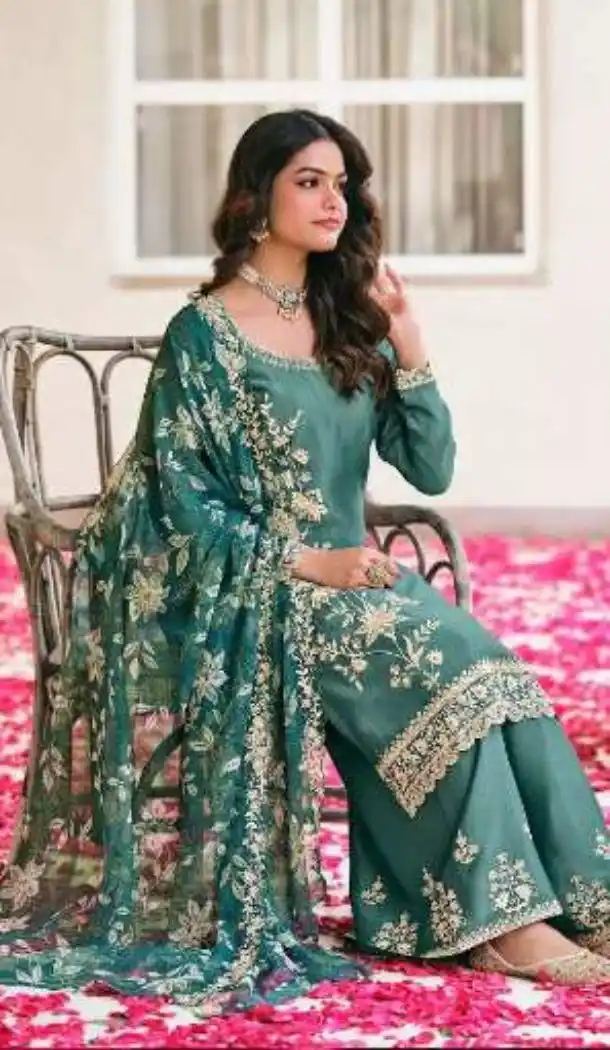 Teal Blue Embroidered Heavy Chinon Palazzo Suit - 15067220742