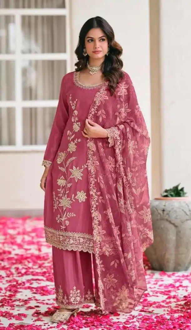 Pink Heavy Embroidery Premium Chinon Palazzo Suit - 15067220743