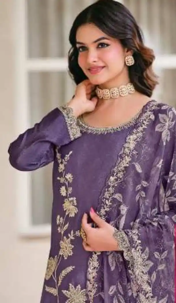 Purple Chinon Palazzo Suit with Heavy Embroidery Work - 15067220744